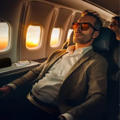 Man wearing orange-tinted glasses relaxing on an airplane during sunset.