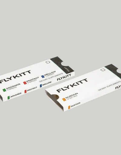 Two FlyKitt supplement boxes labeled with travel-specific phases: Advance, Protect, Mellow, and Sustain.