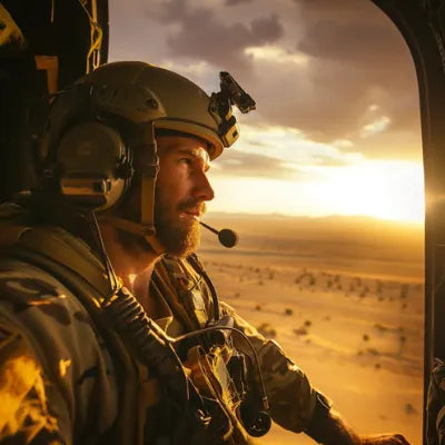 Soldier in tactical gear looking out of a helicopter over a desert at sunset.